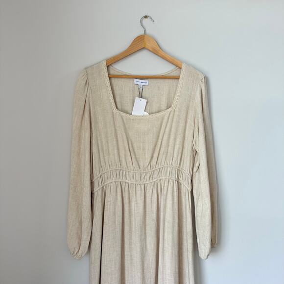 LOST + WANDER Easy Breezy Square Neck Long Sleeve Midi Dress in Oatmeal NWT - Picture 6 of 9